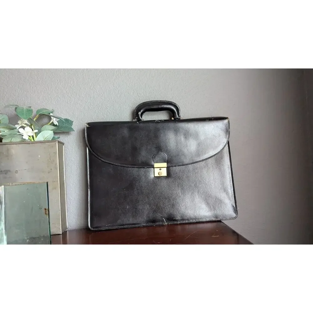 Amiet Swiss Leather Briefcase Portfolio Attache Bag Black Vtg Business